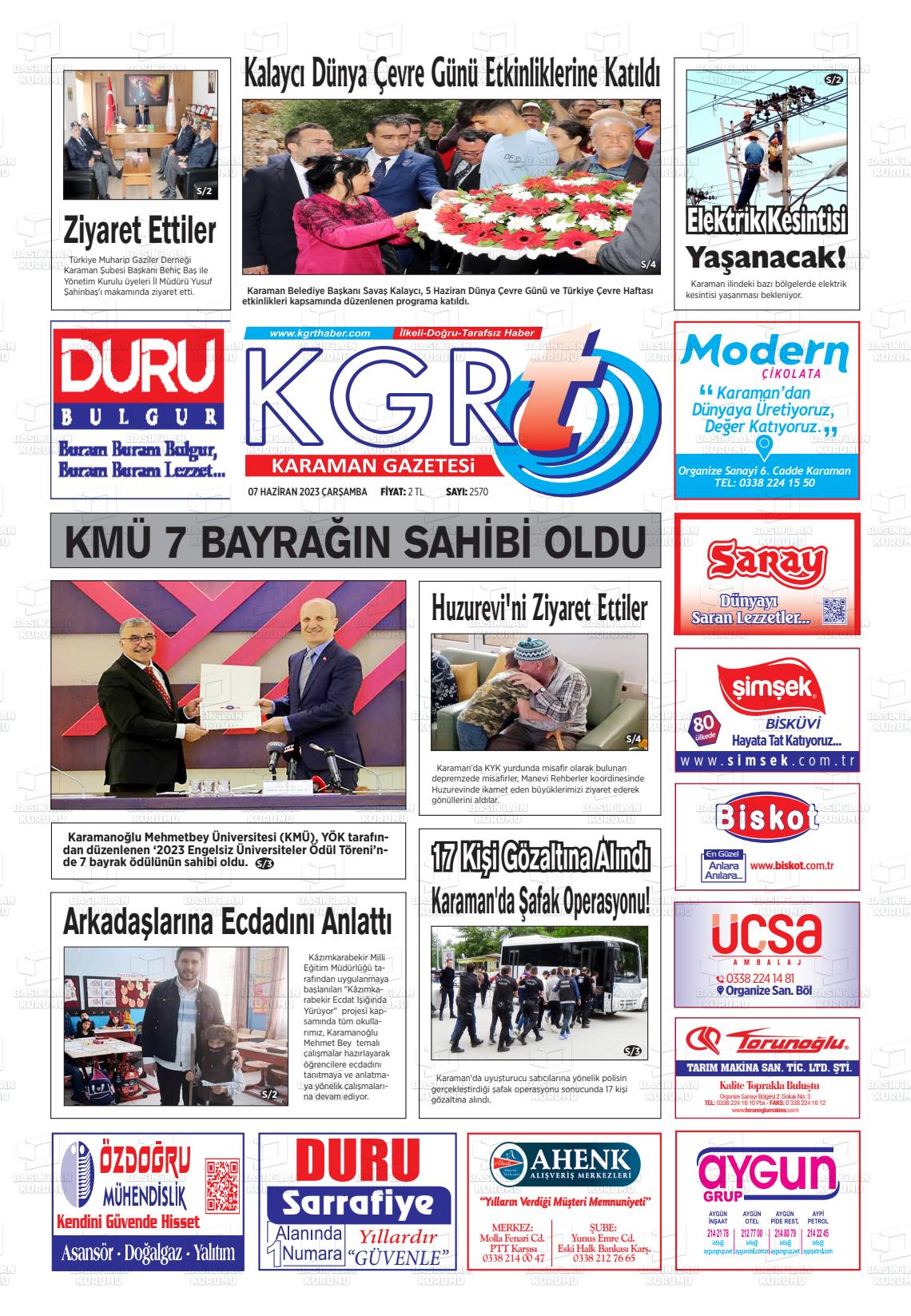 07 Haziran 2023 Kgrt Karaman Gazete Manşeti
