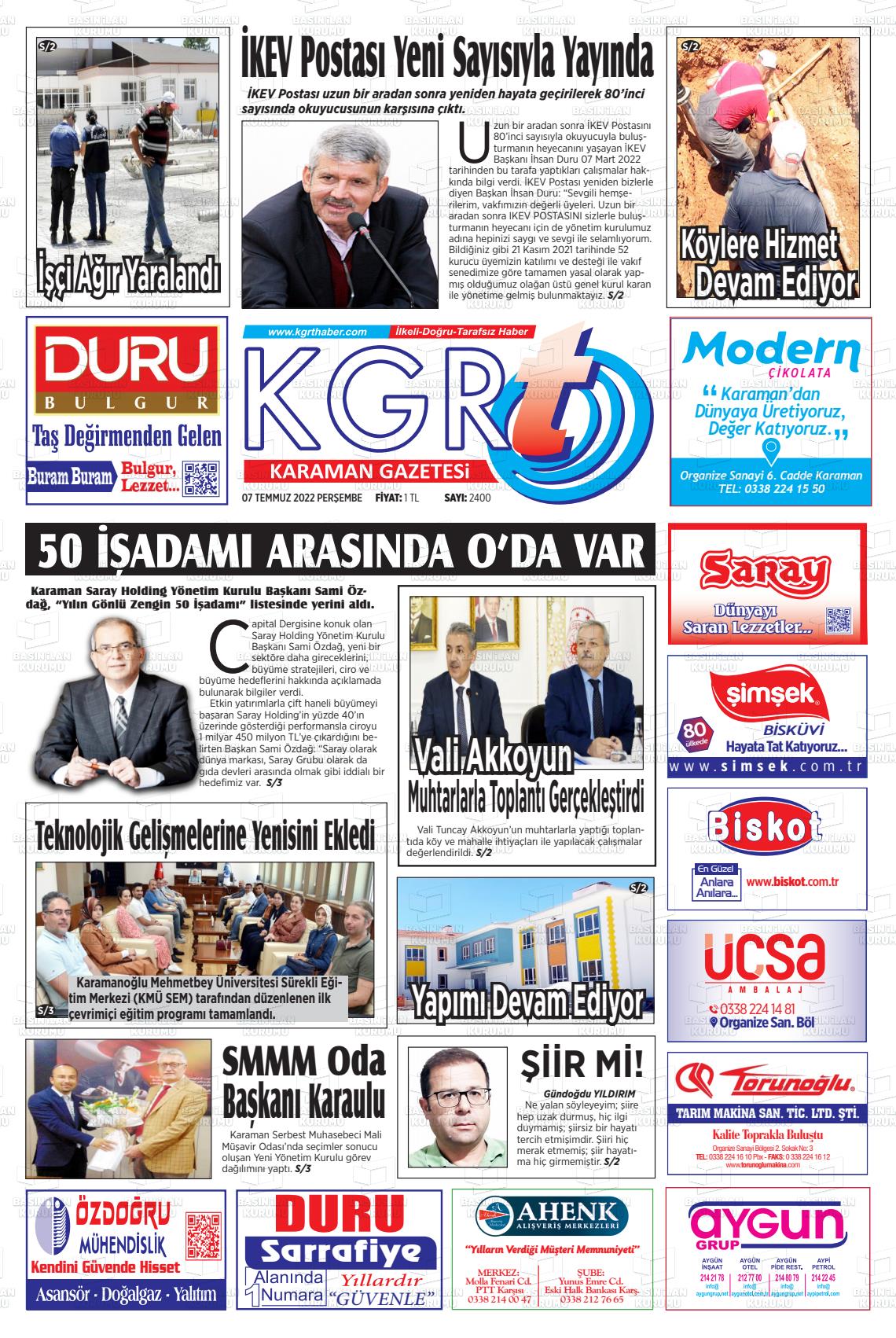 07 Temmuz 2022 Kgrt Karaman Gazete Manşeti