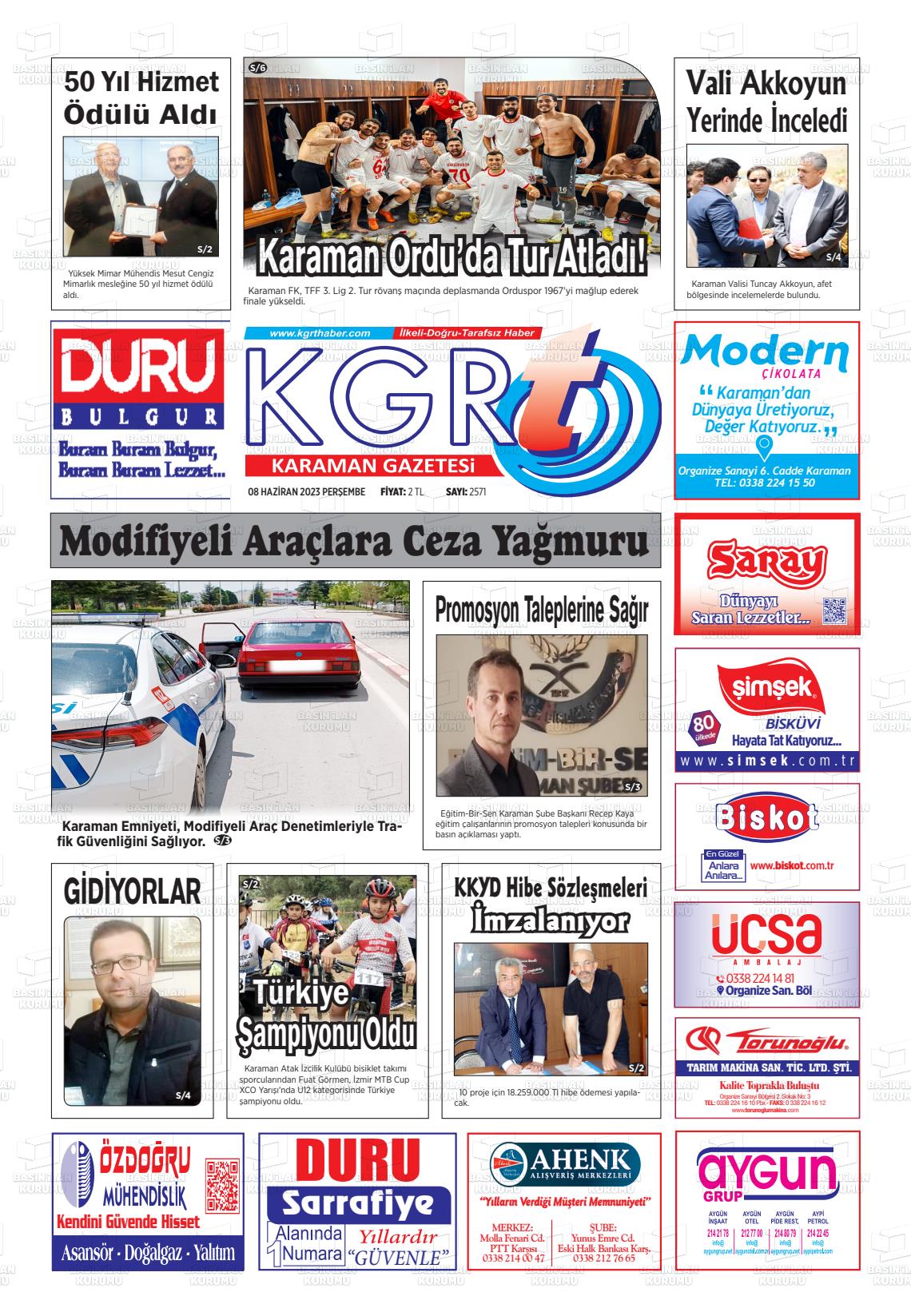 08 Haziran 2023 Kgrt Karaman Gazete Manşeti