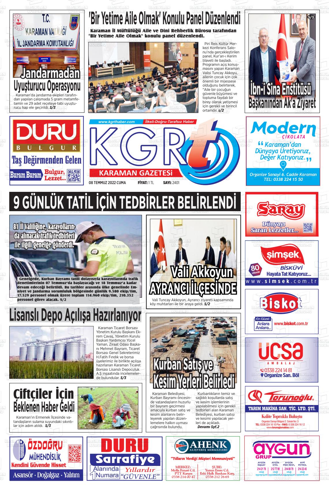 08 Temmuz 2022 Kgrt Karaman Gazete Manşeti