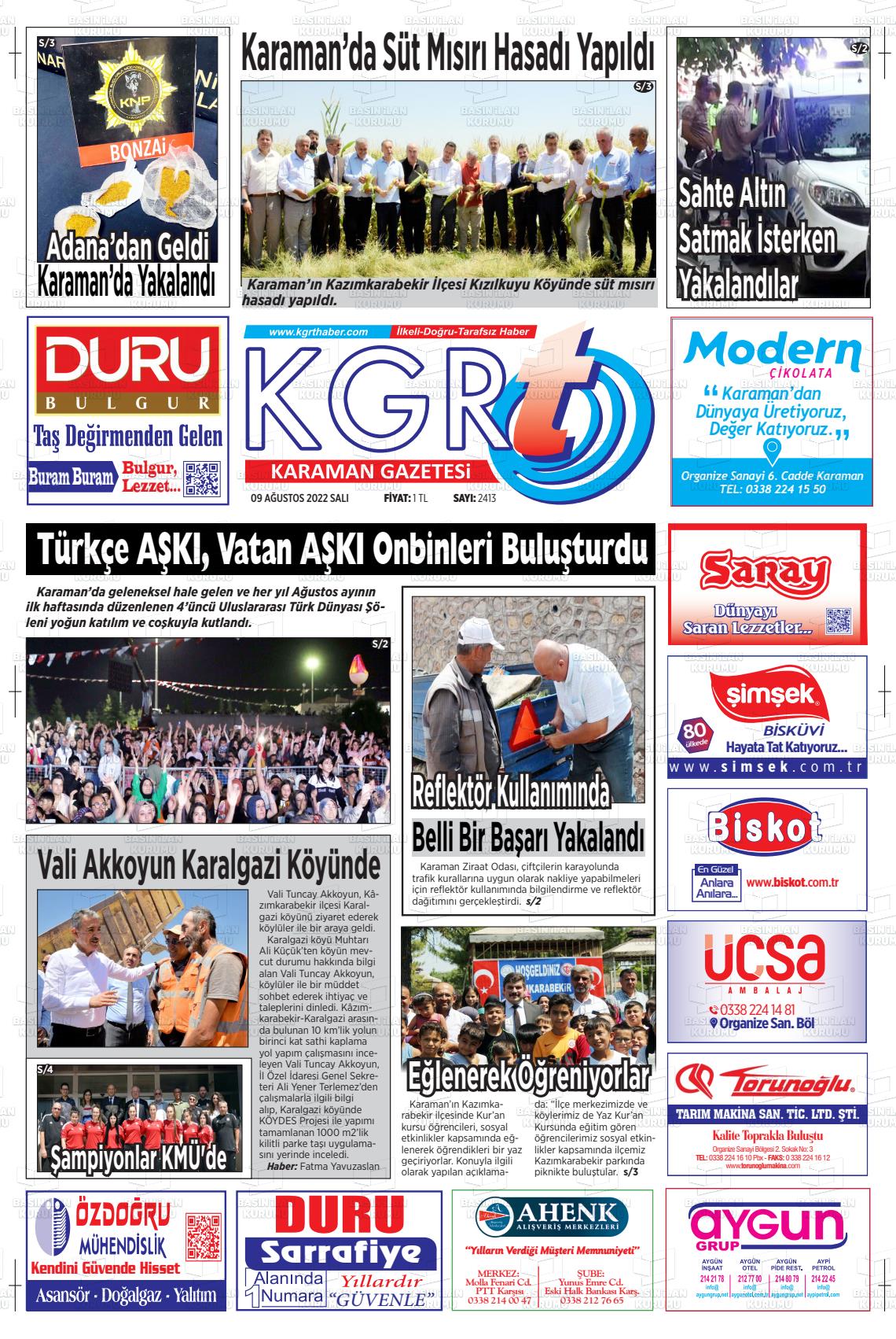 09 Ağustos 2022 Kgrt Karaman Gazete Manşeti