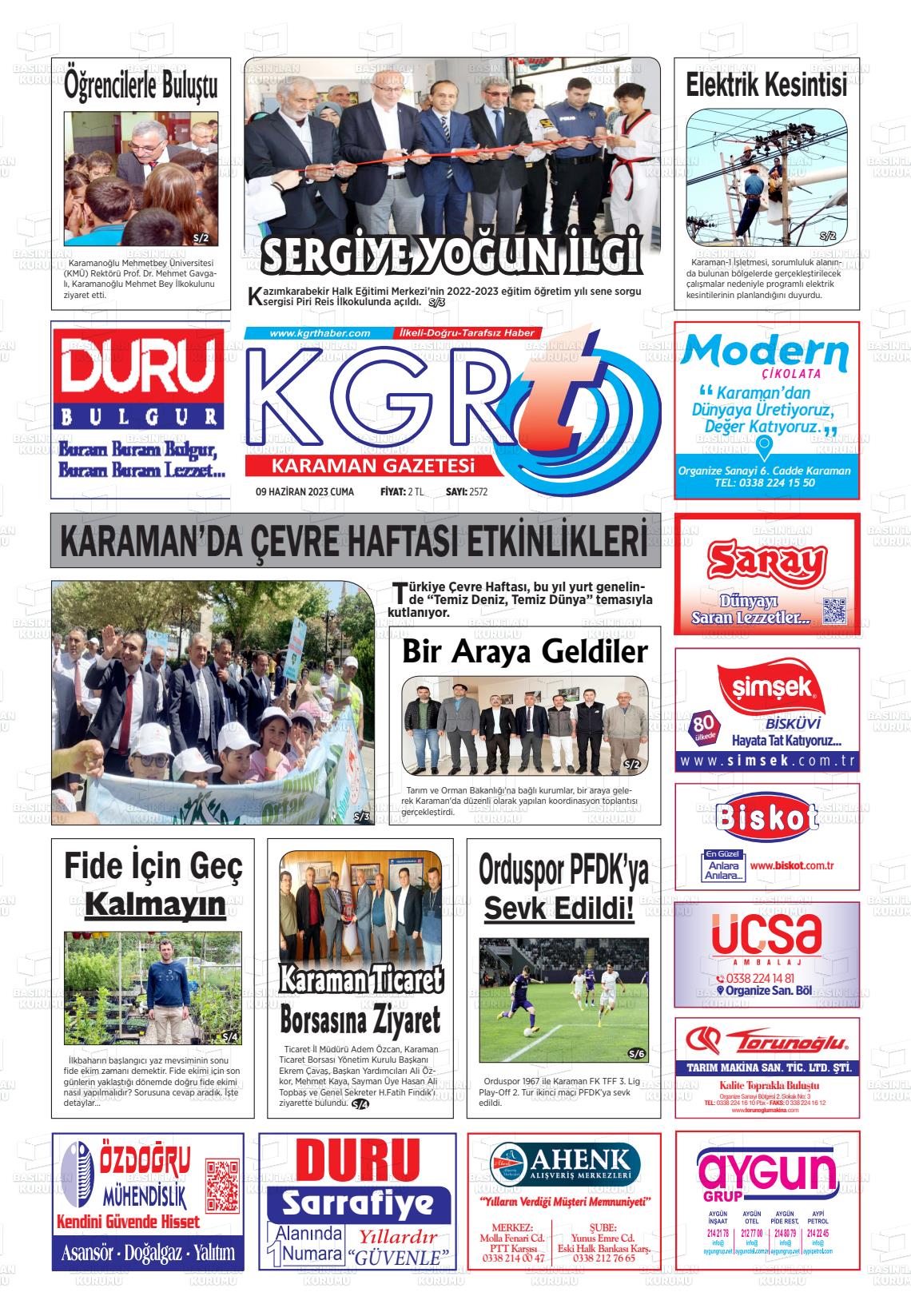 09 Haziran 2023 Kgrt Karaman Gazete Manşeti