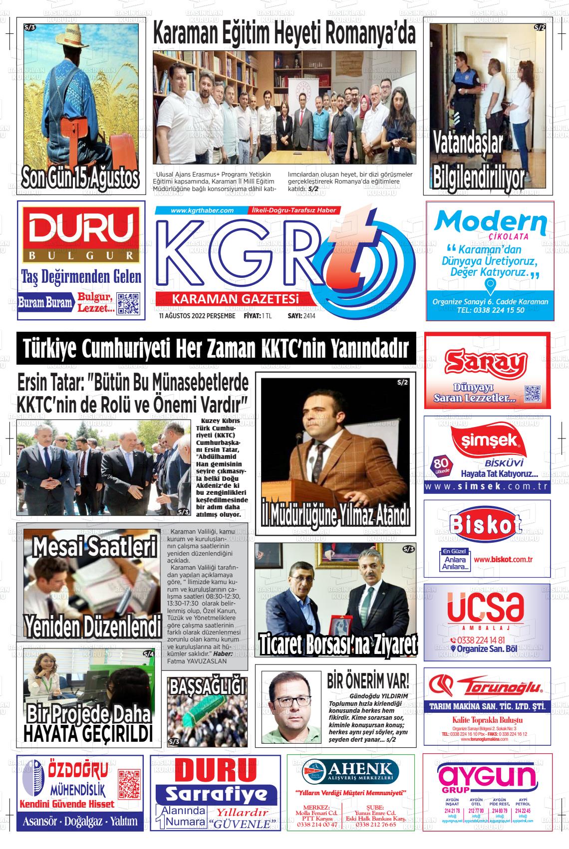 11 Ağustos 2022 Kgrt Karaman Gazete Manşeti