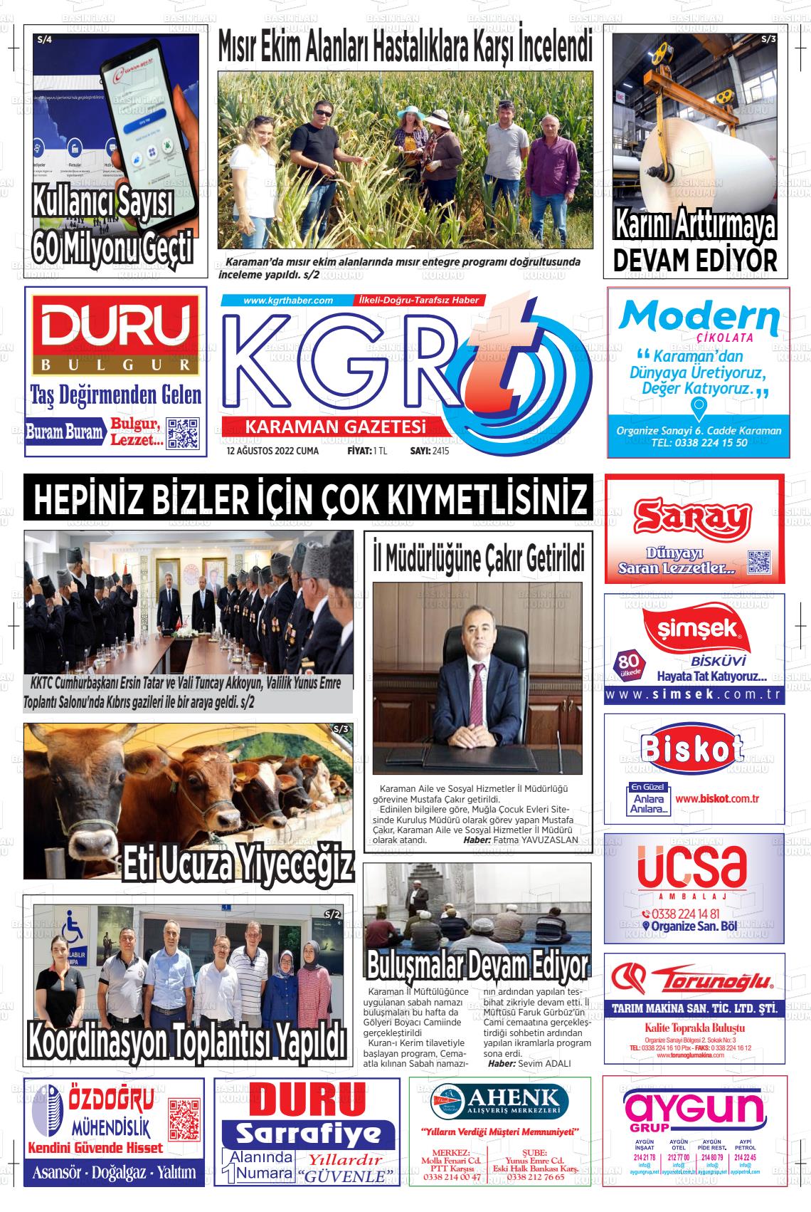 12 Ağustos 2022 Kgrt Karaman Gazete Manşeti