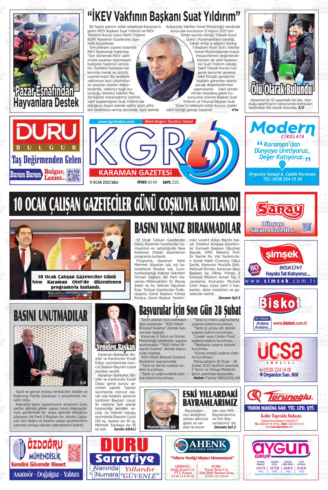 13 Ocak 2022 Kgrt Karaman Gazete Manşeti