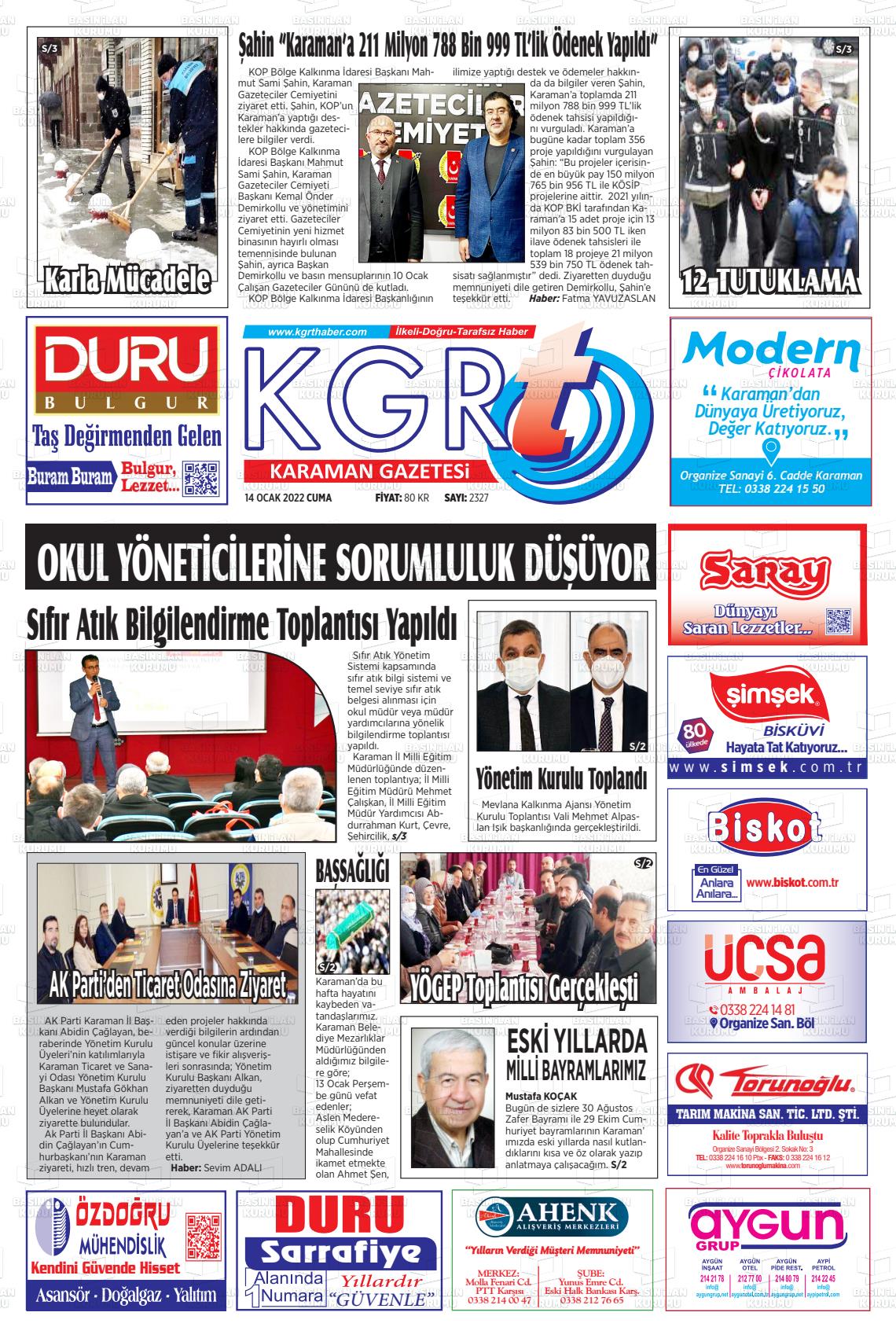 14 Ocak 2022 Kgrt Karaman Gazete Manşeti