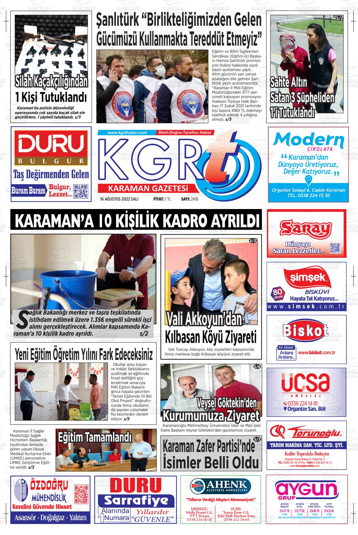 16 Ağustos 2022 Kgrt Karaman Gazete Manşeti