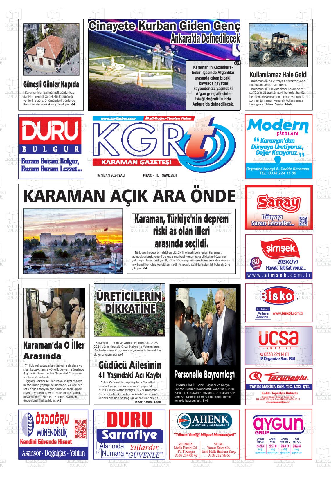 18 Nisan 2024 Kgrt Karaman Gazete Manşeti