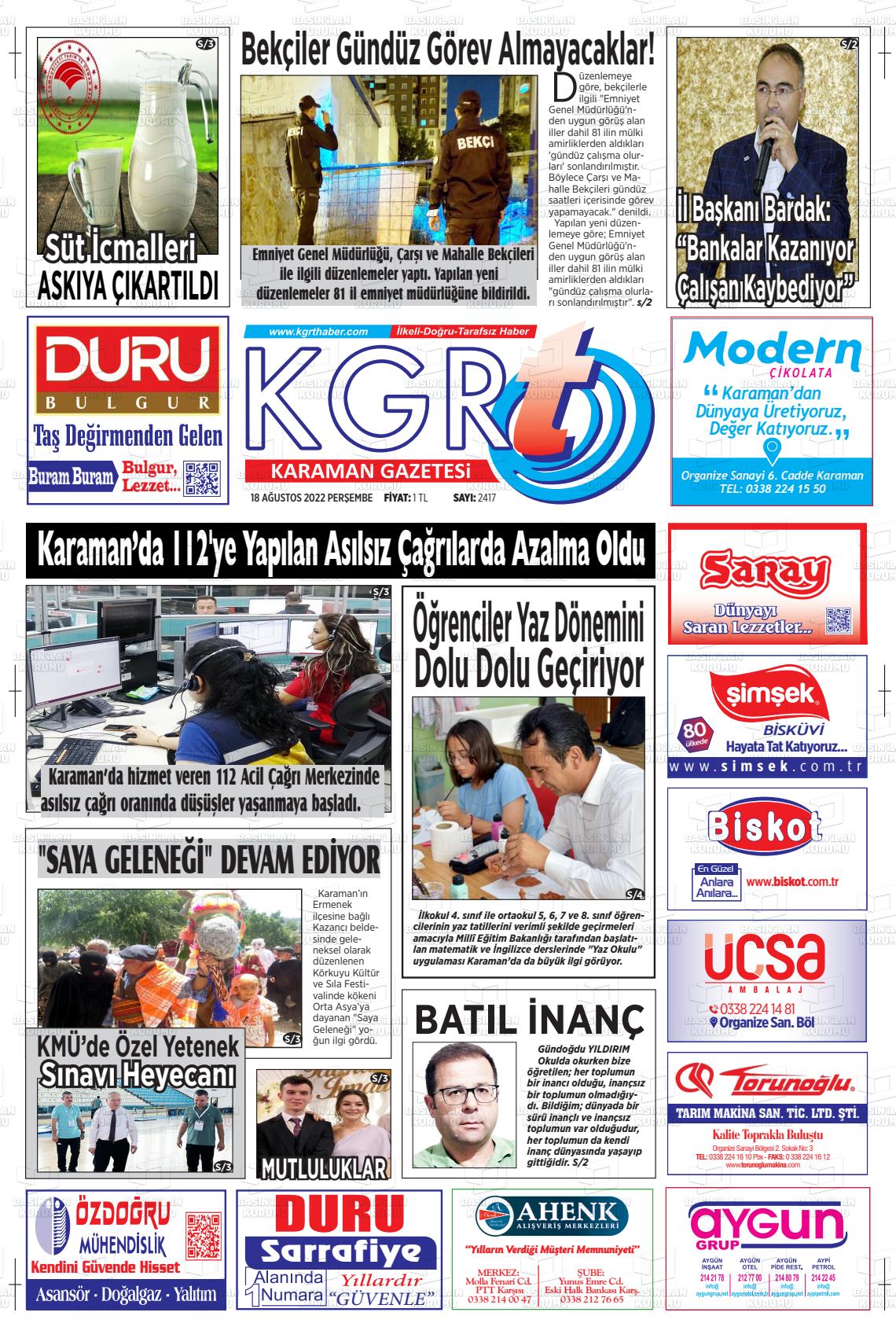 18 Ağustos 2022 Kgrt Karaman Gazete Manşeti
