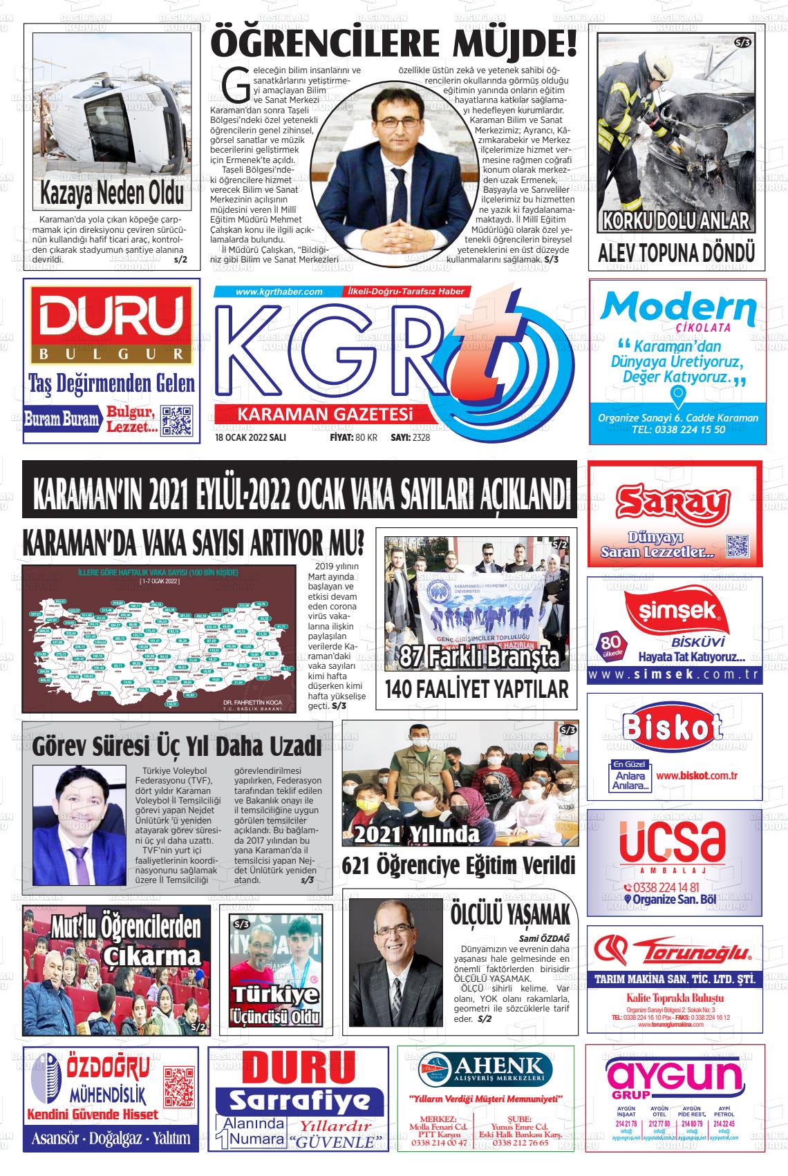 18 Ocak 2022 Kgrt Karaman Gazete Manşeti