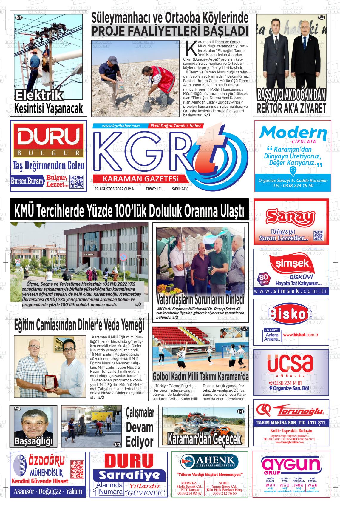 19 Ağustos 2022 Kgrt Karaman Gazete Manşeti