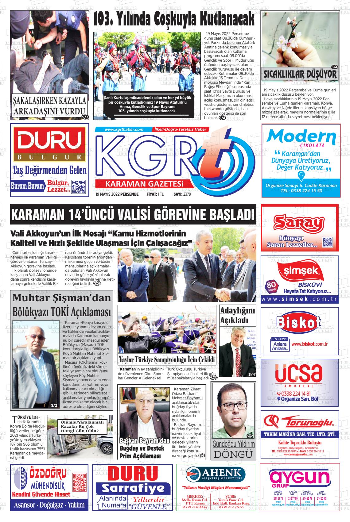 19 Mayıs 2022 Kgrt Karaman Gazete Manşeti