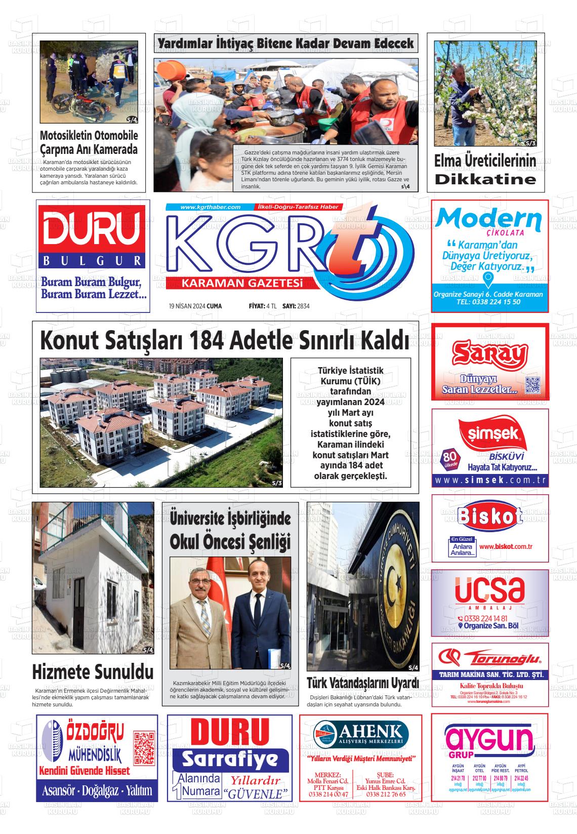 19 Nisan 2024 Kgrt Karaman Gazete Manşeti