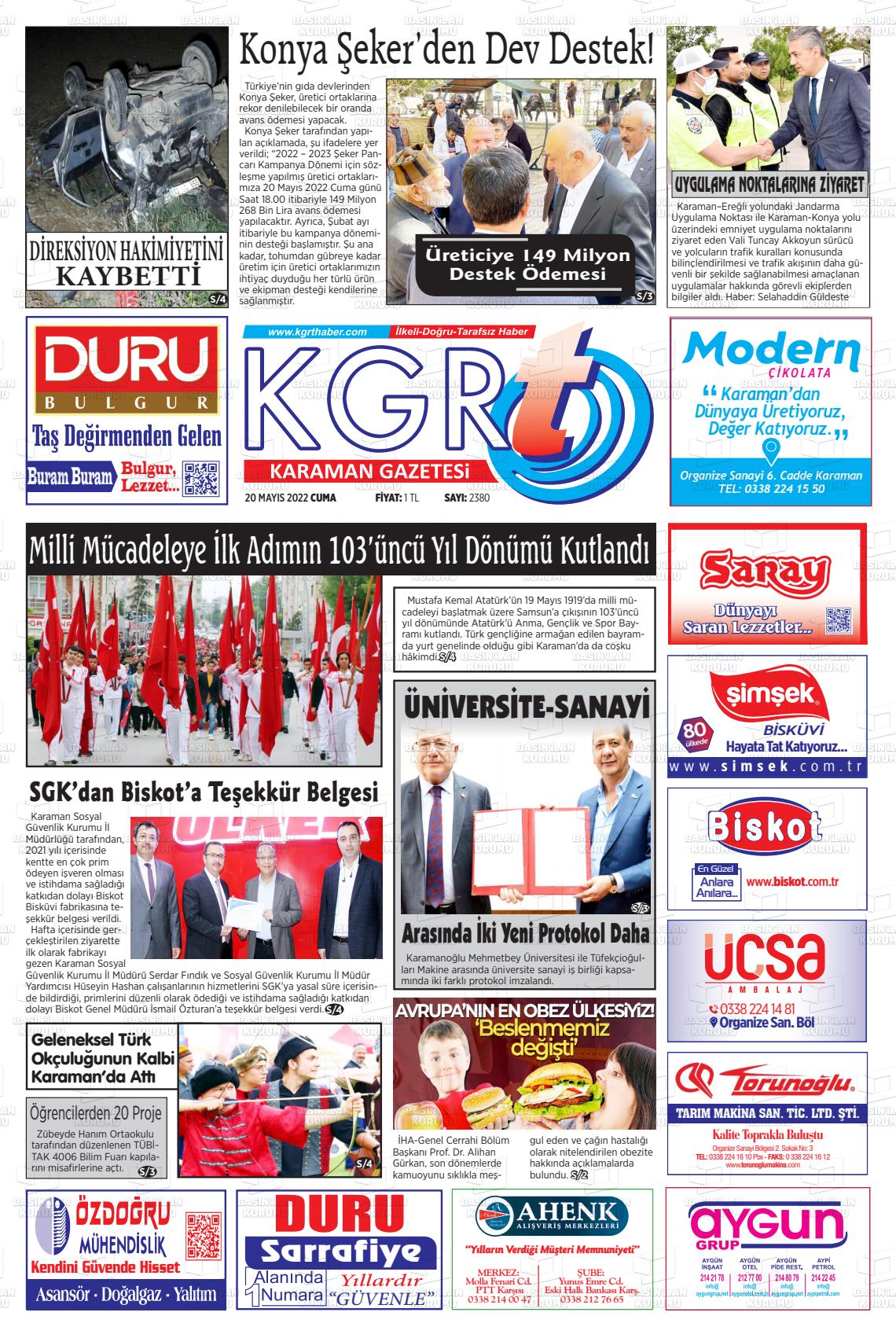 20 Mayıs 2022 Kgrt Karaman Gazete Manşeti