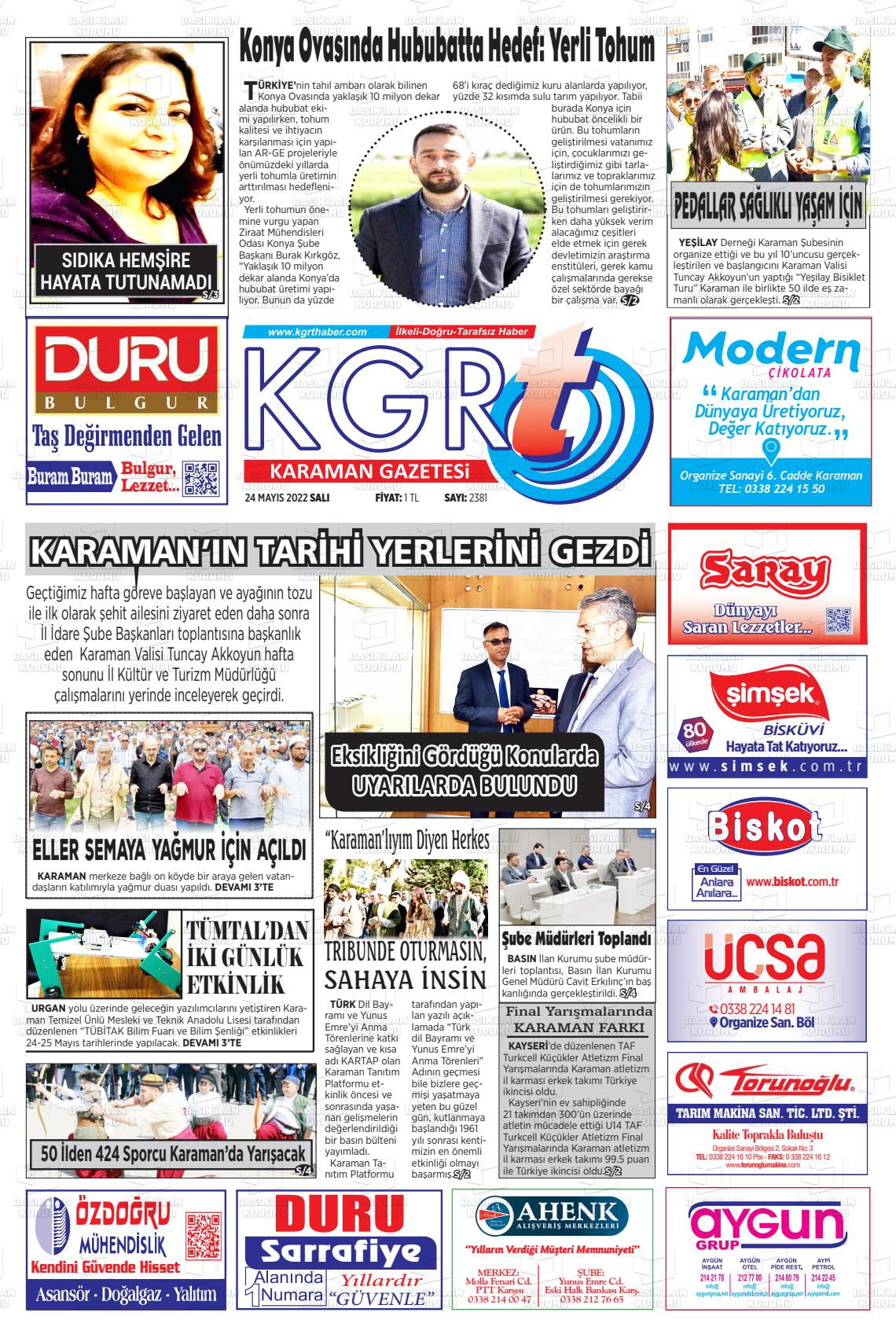 24 Mayıs 2022 Kgrt Karaman Gazete Manşeti
