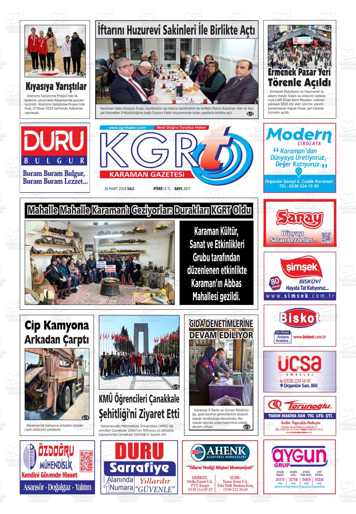 26 Mart 2024 Kgrt Karaman Gazete Manşeti