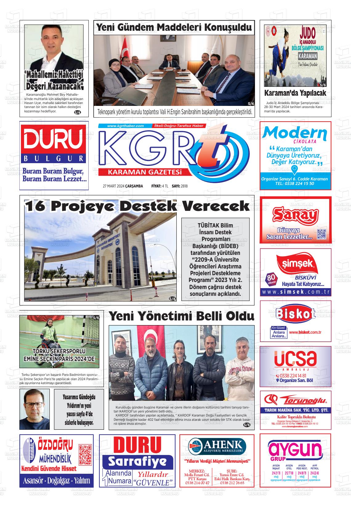 27 Mart 2024 Kgrt Karaman Gazete Manşeti