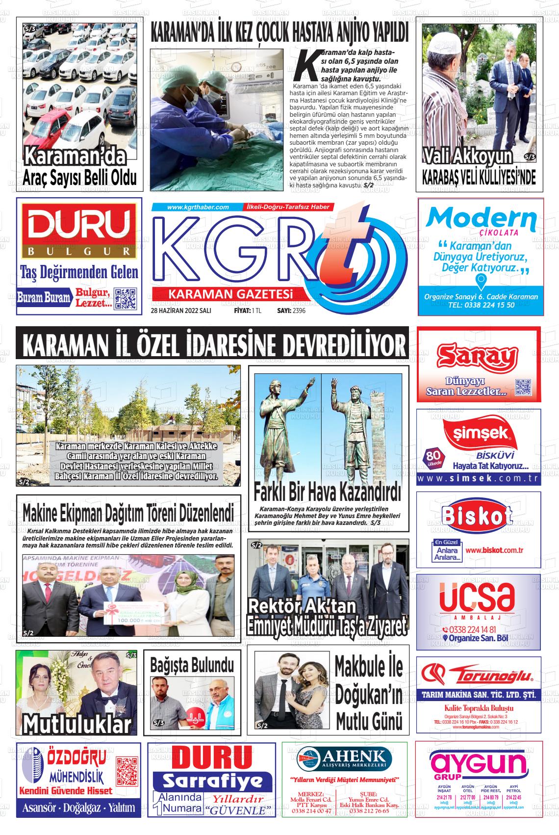 28 Haziran 2022 Kgrt Karaman Gazete Manşeti