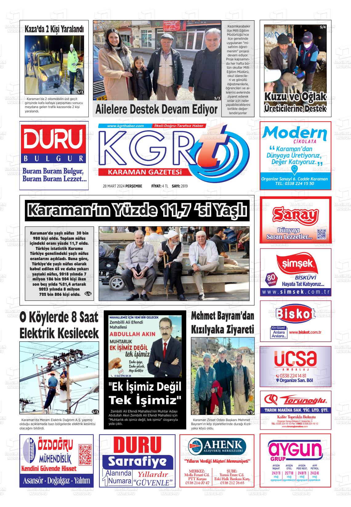 28 Mart 2024 Kgrt Karaman Gazete Manşeti