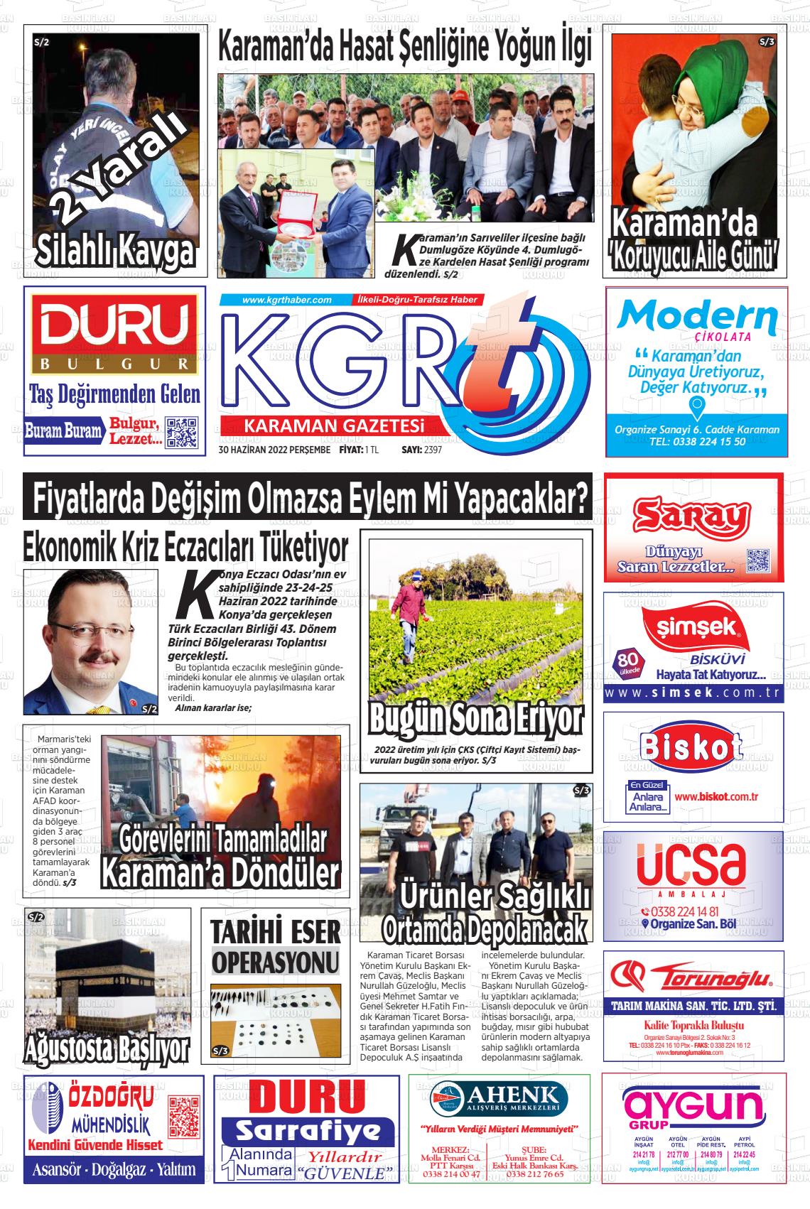30 Haziran 2022 Kgrt Karaman Gazete Manşeti