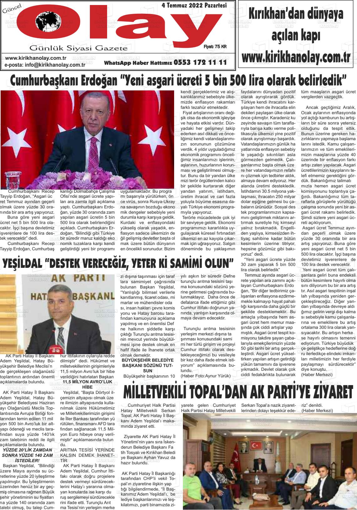 04 Temmuz 2022 Kırıkhan Olay Gazete Manşeti