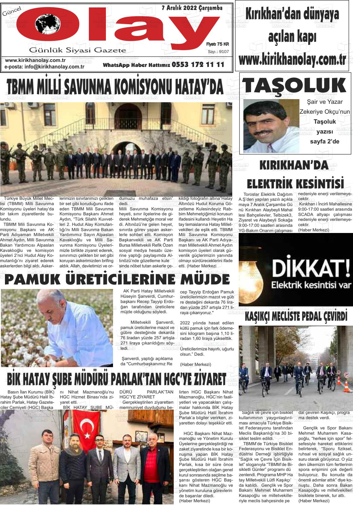 07 Aralık 2022 Kırıkhan Olay Gazete Manşeti