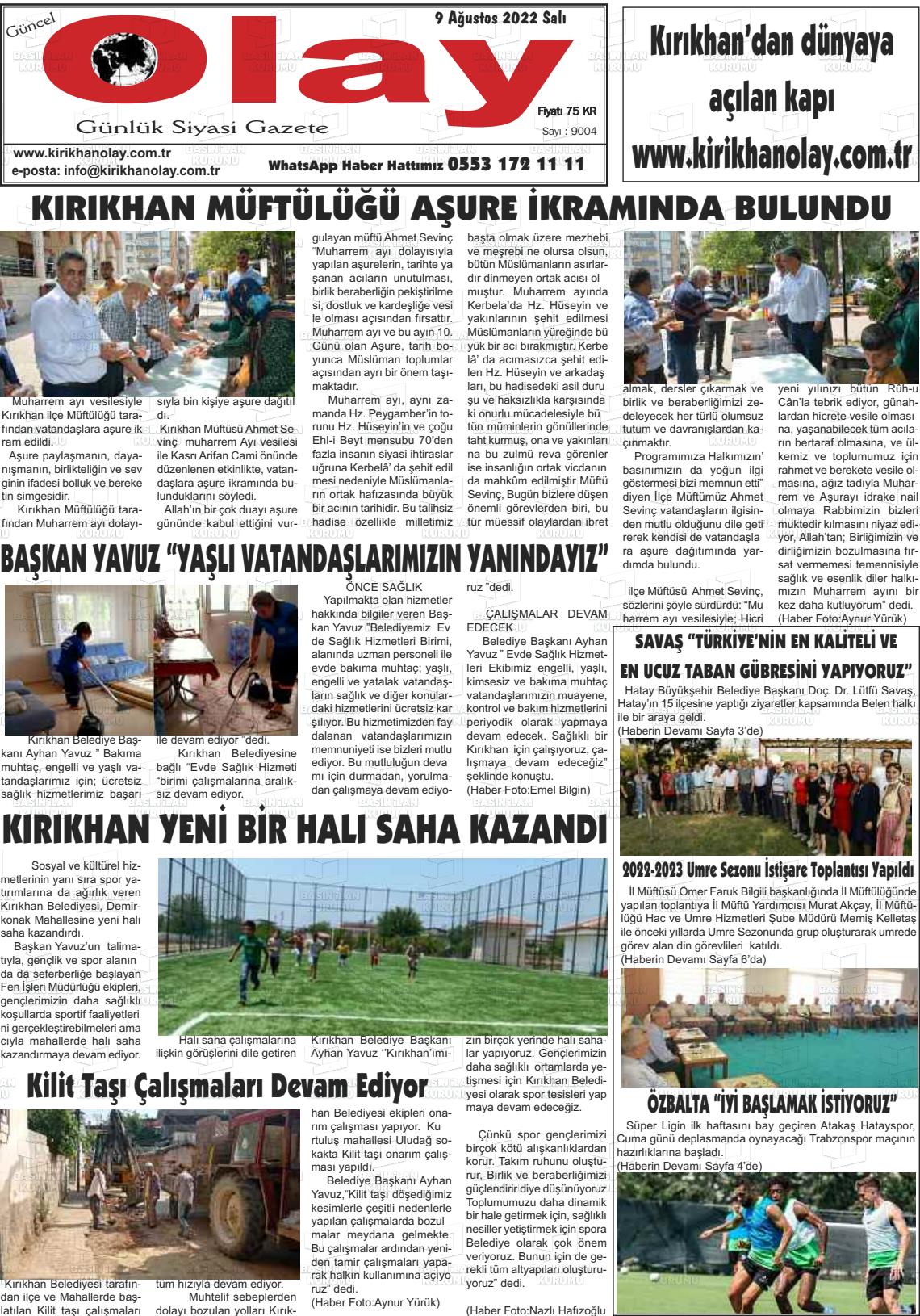 09 Ağustos 2022 Kırıkhan Olay Gazete Manşeti