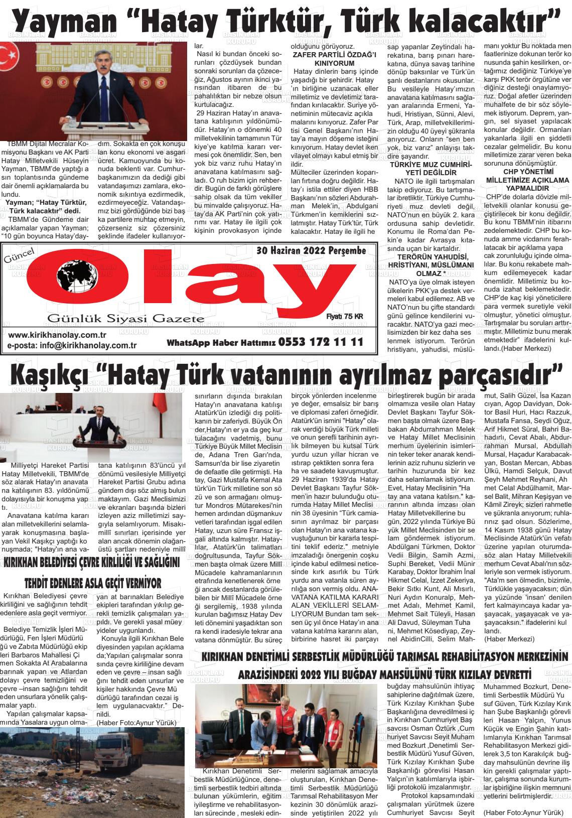 01 Temmuz 2022 Kırıkhan Olay Gazete Manşeti
