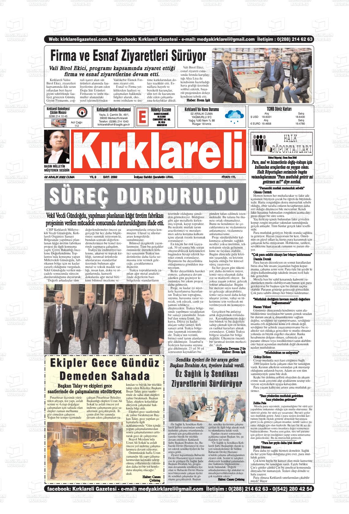 02 Aralık 2022 Kırklareli Gazete Manşeti