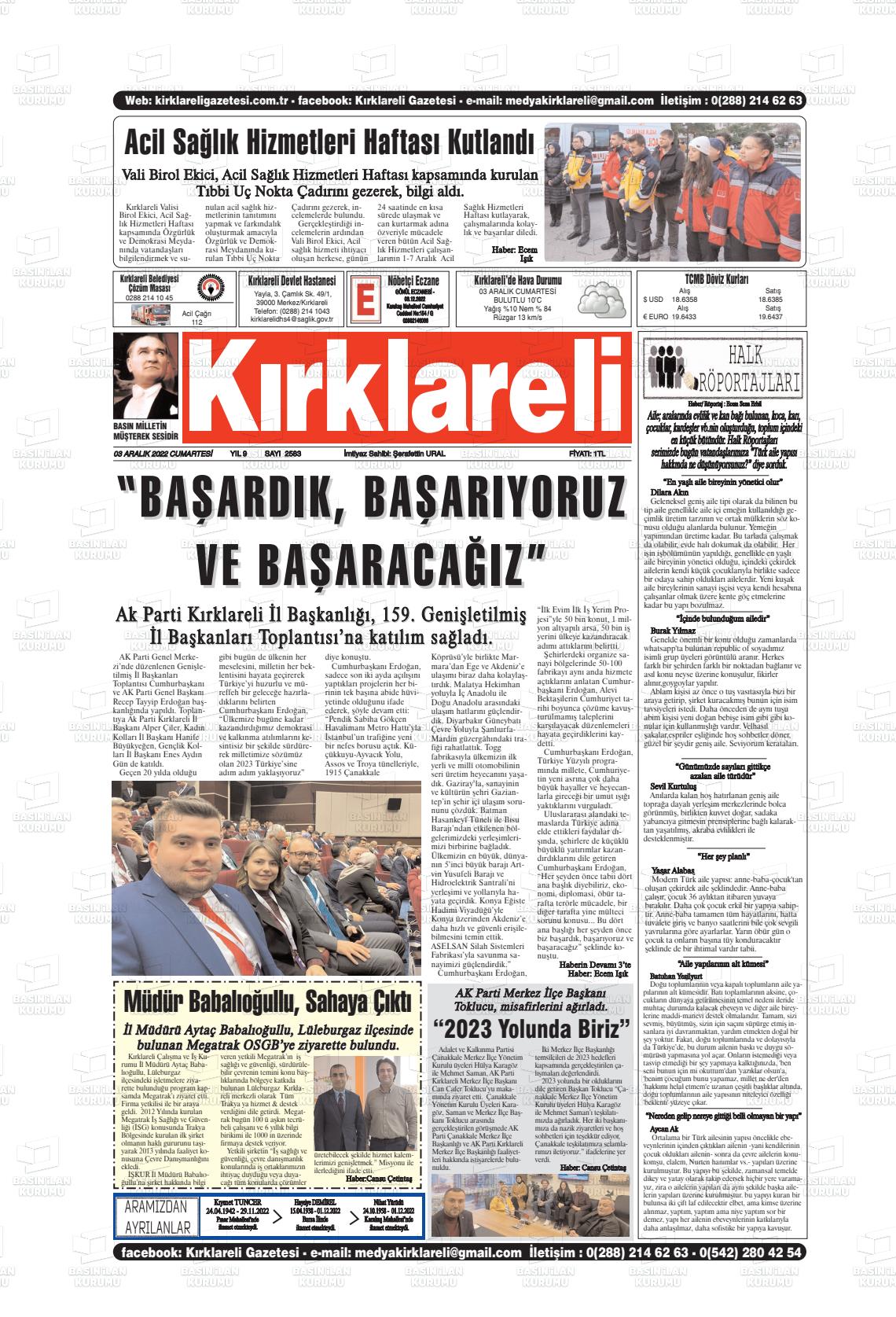 03 Aralık 2022 Kırklareli Gazete Manşeti
