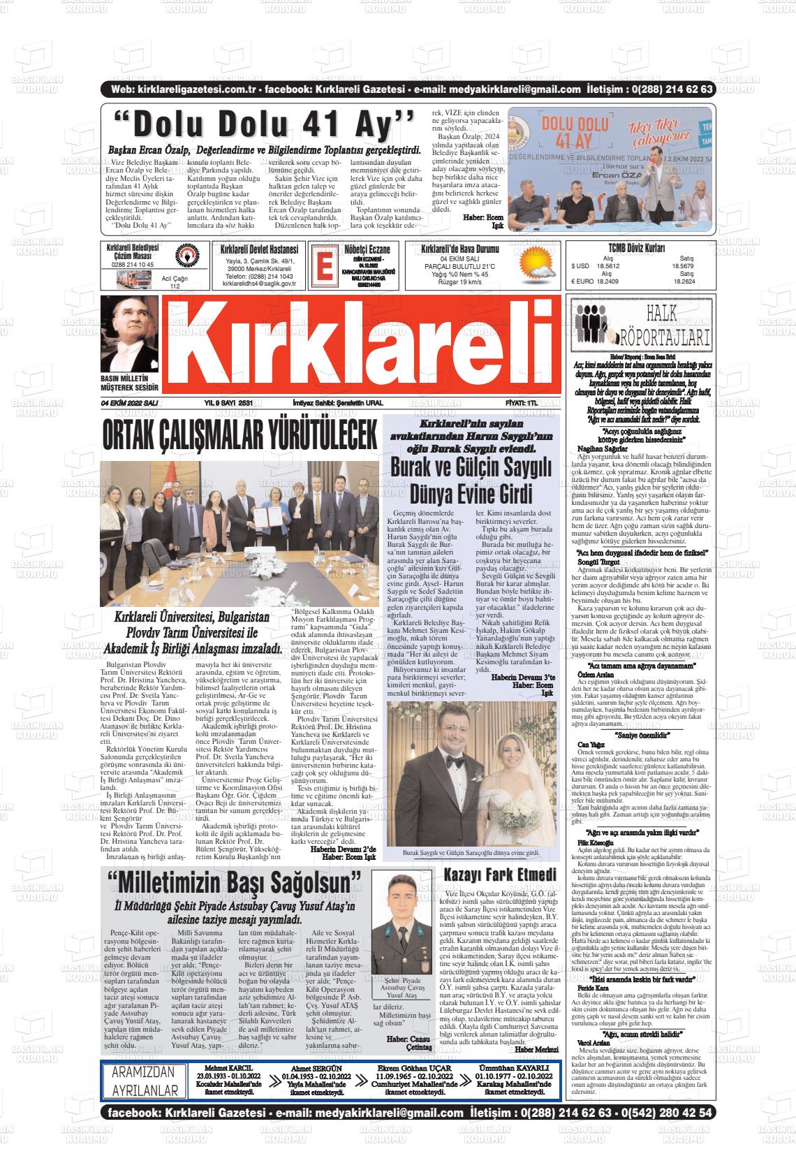 04 Ekim 2022 Kırklareli Gazete Manşeti