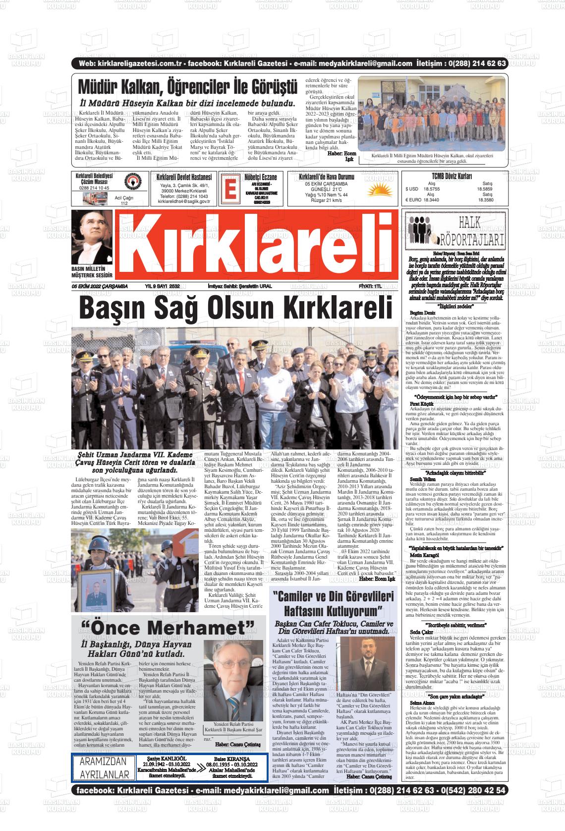 05 Ekim 2022 Kırklareli Gazete Manşeti