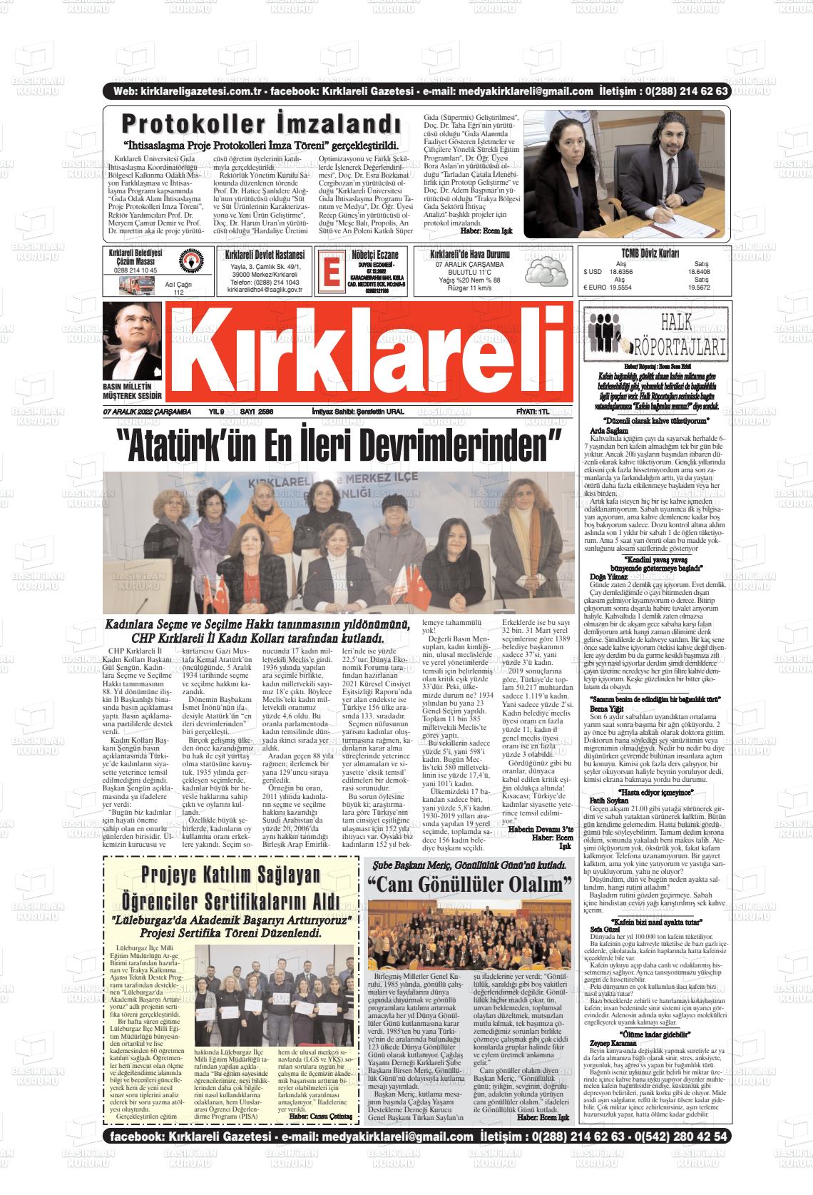 07 Aralık 2022 Kırklareli Gazete Manşeti