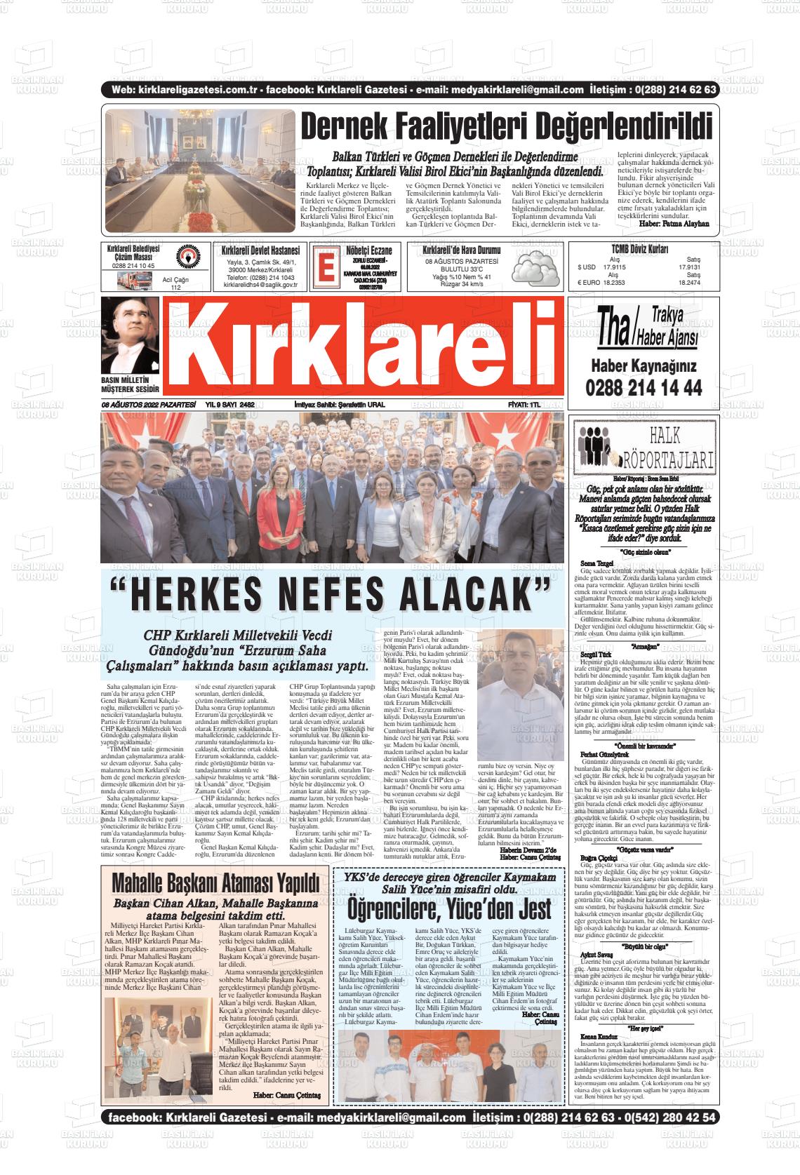 08 Ağustos 2022 Kırklareli Gazete Manşeti