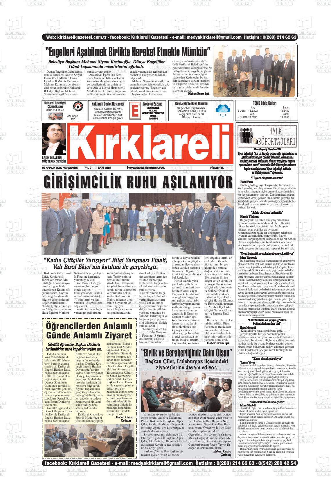 08 Aralık 2022 Kırklareli Gazete Manşeti