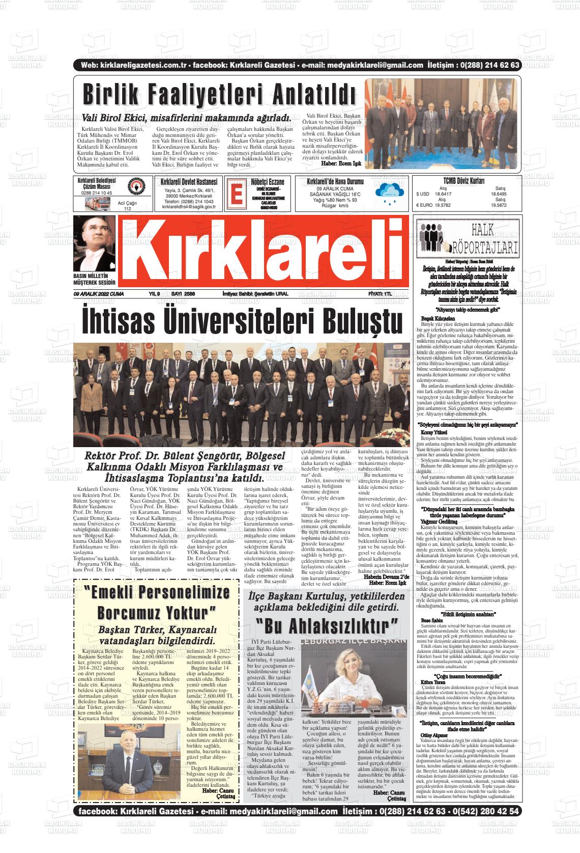 09 Aralık 2022 Kırklareli Gazete Manşeti