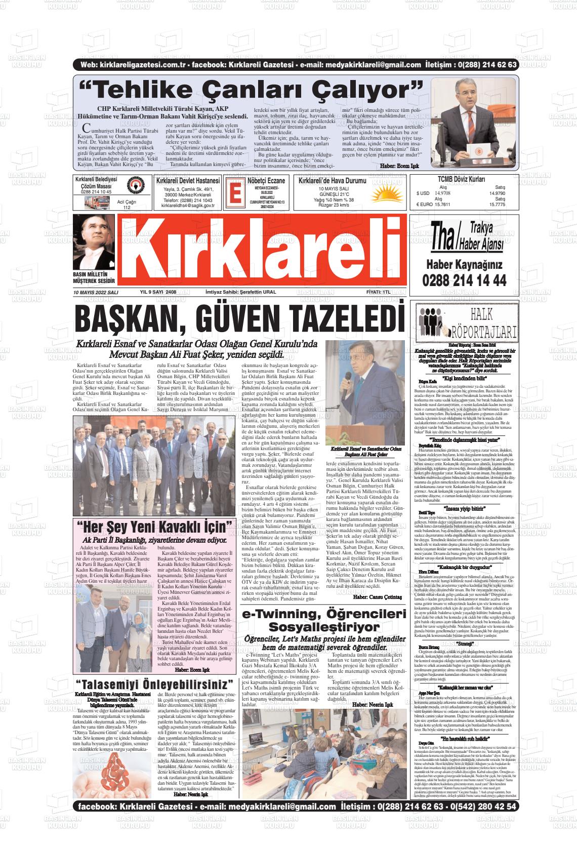 10 Mayıs 2022 Kırklareli Gazete Manşeti