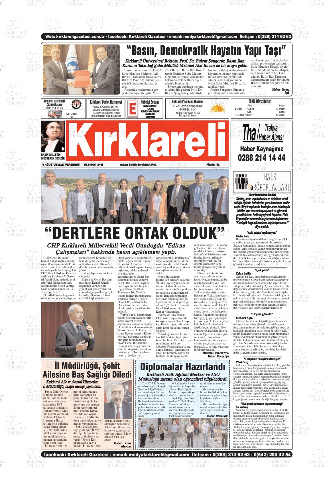 11 Ağustos 2022 Kırklareli Gazete Manşeti