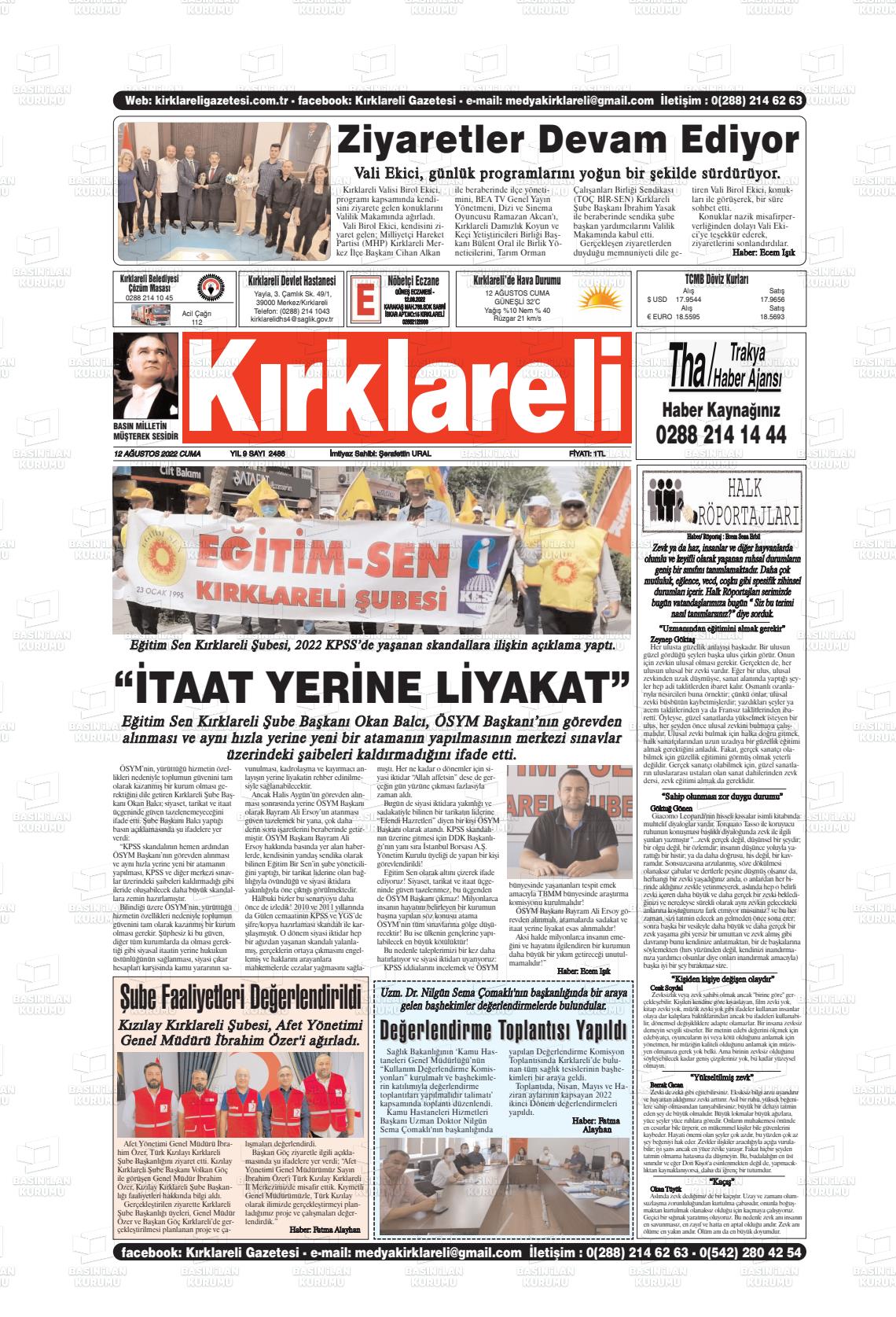 12 Ağustos 2022 Kırklareli Gazete Manşeti