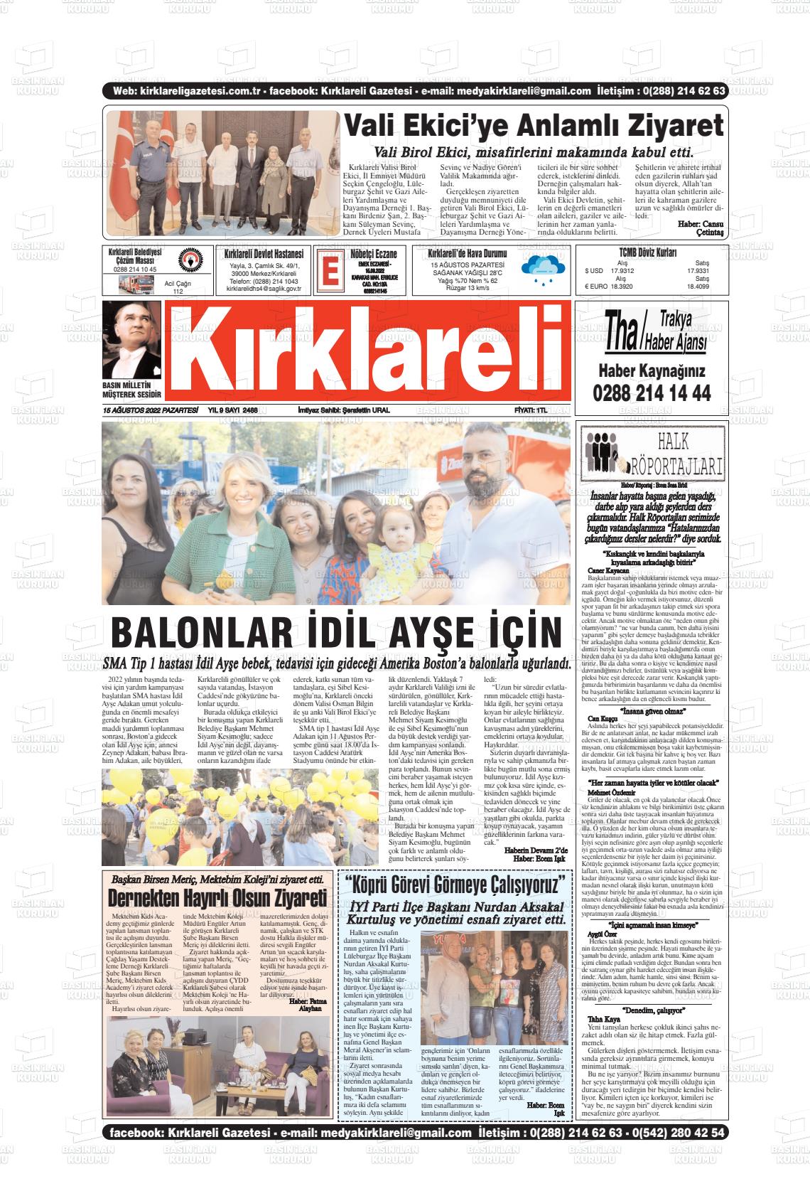 15 Ağustos 2022 Kırklareli Gazete Manşeti