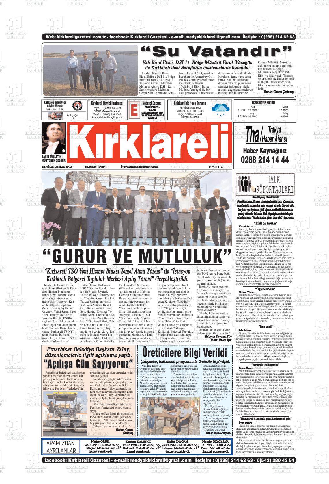 16 Ağustos 2022 Kırklareli Gazete Manşeti
