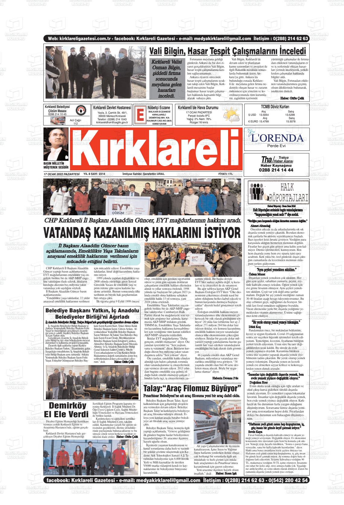 17 Ocak 2022 Kırklareli Gazete Manşeti