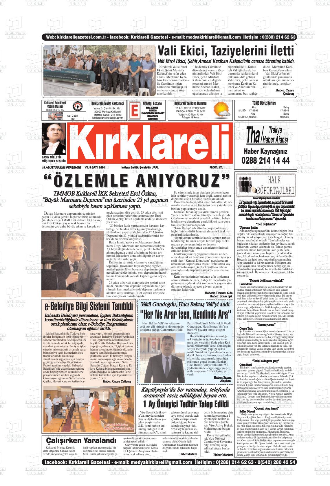 18 Ağustos 2022 Kırklareli Gazete Manşeti