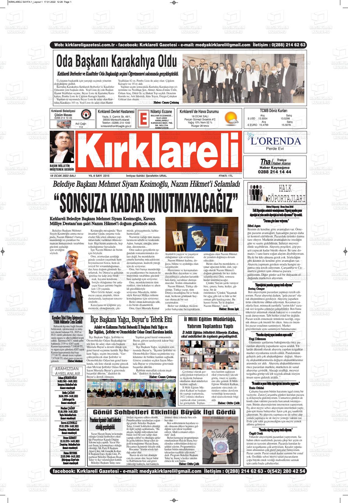 18 Ocak 2022 Kırklareli Gazete Manşeti