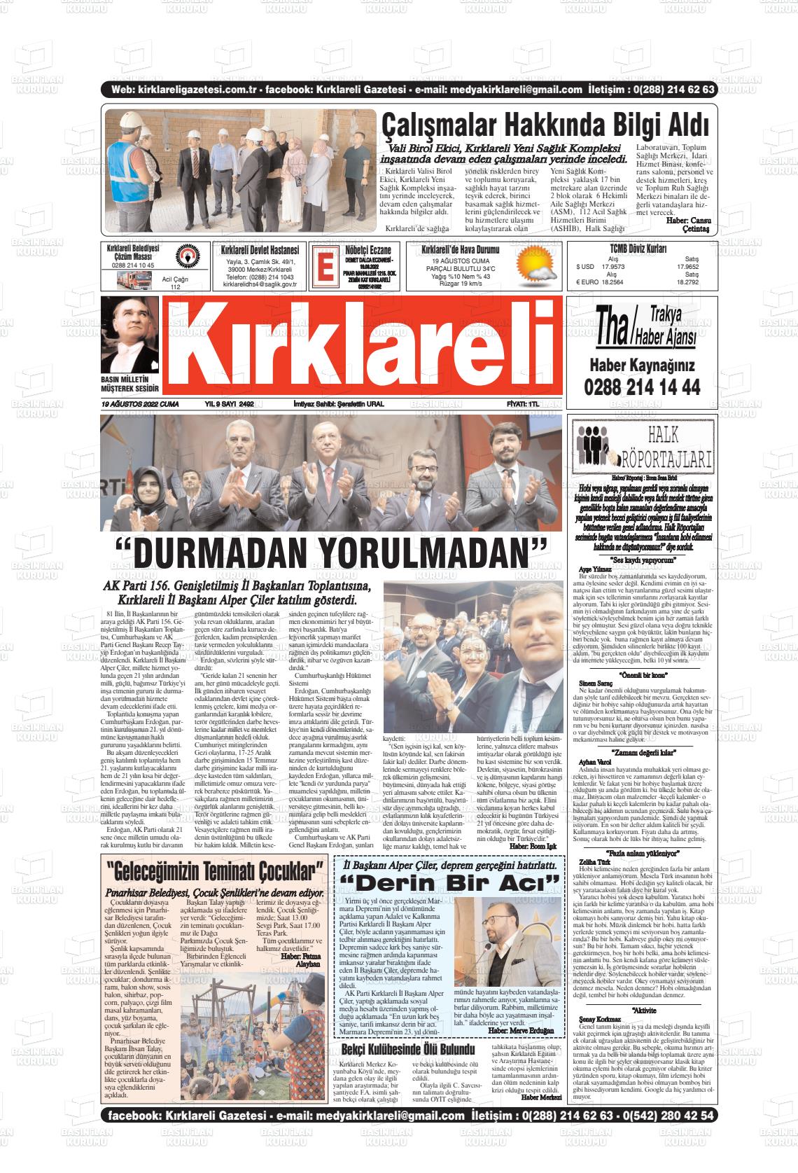 19 Ağustos 2022 Kırklareli Gazete Manşeti