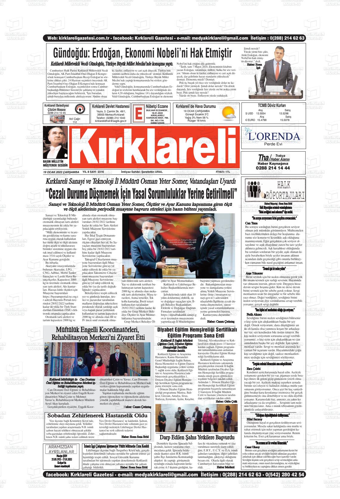 19 Ocak 2022 Kırklareli Gazete Manşeti