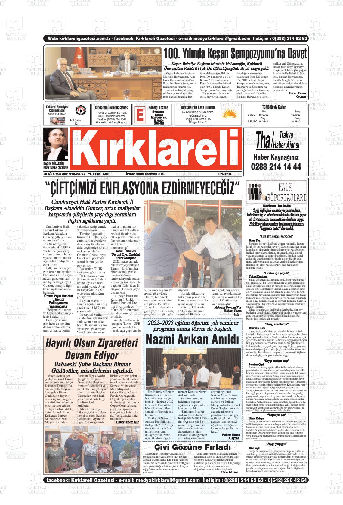 20 Ağustos 2022 Kırklareli Gazete Manşeti