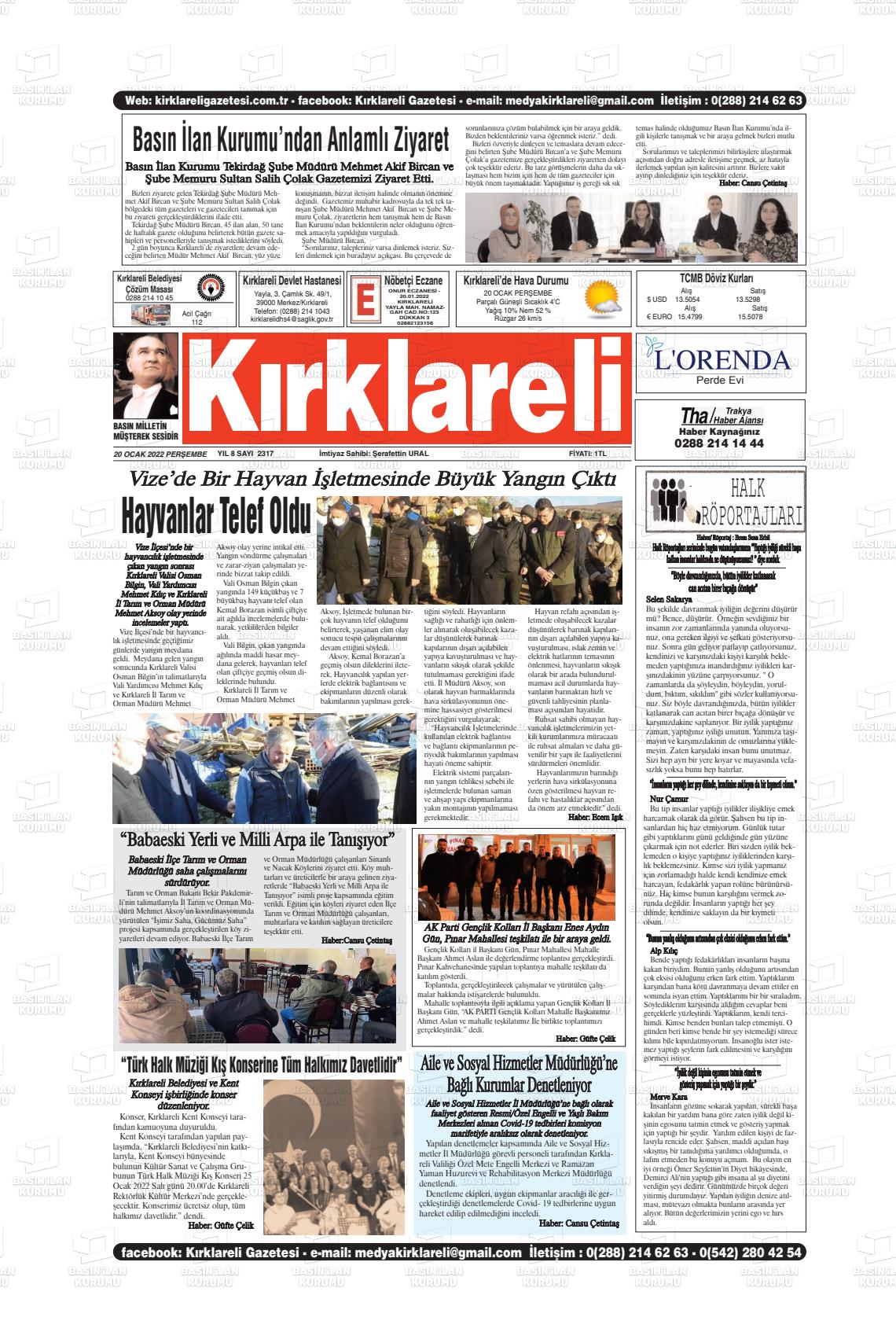 20 Ocak 2022 Kırklareli Gazete Manşeti