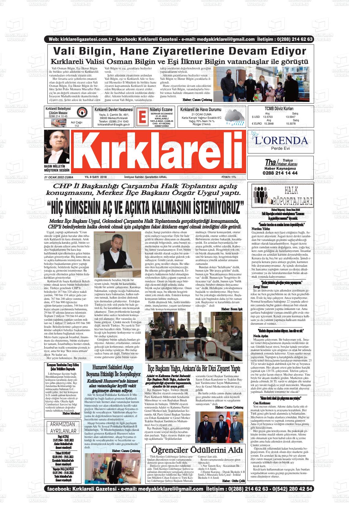 21 Ocak 2022 Kırklareli Gazete Manşeti