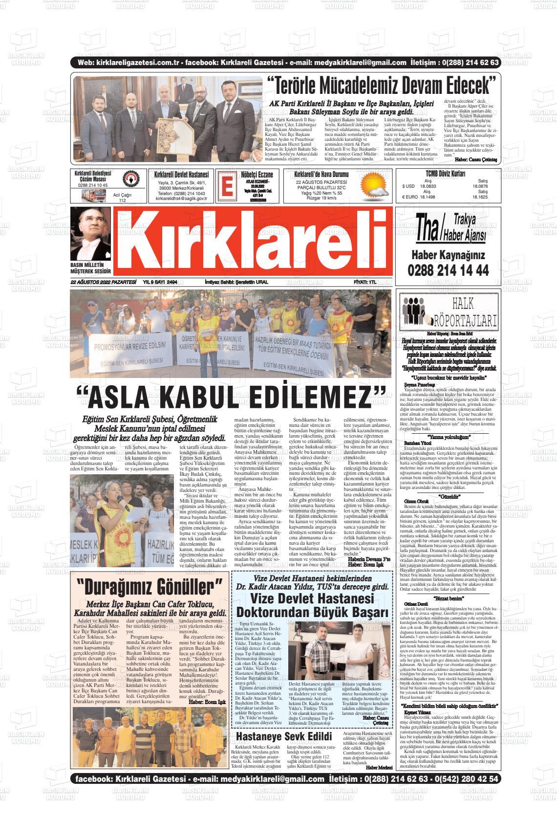 22 Ağustos 2022 Kırklareli Gazete Manşeti
